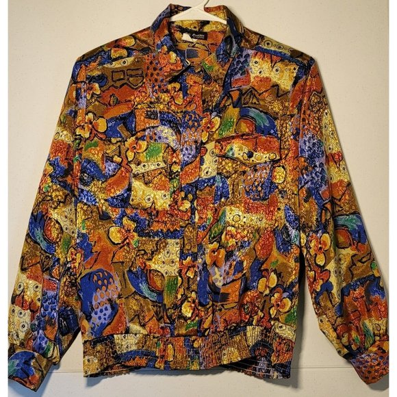 VTG Women's Alli Petites Of Cali Size 14 Golden Floral Button Down Top Jacket - Picture 1 of 12